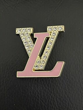 Fashion Jewelry Pink Enamel & Gold and White Crystal Logo Brooch